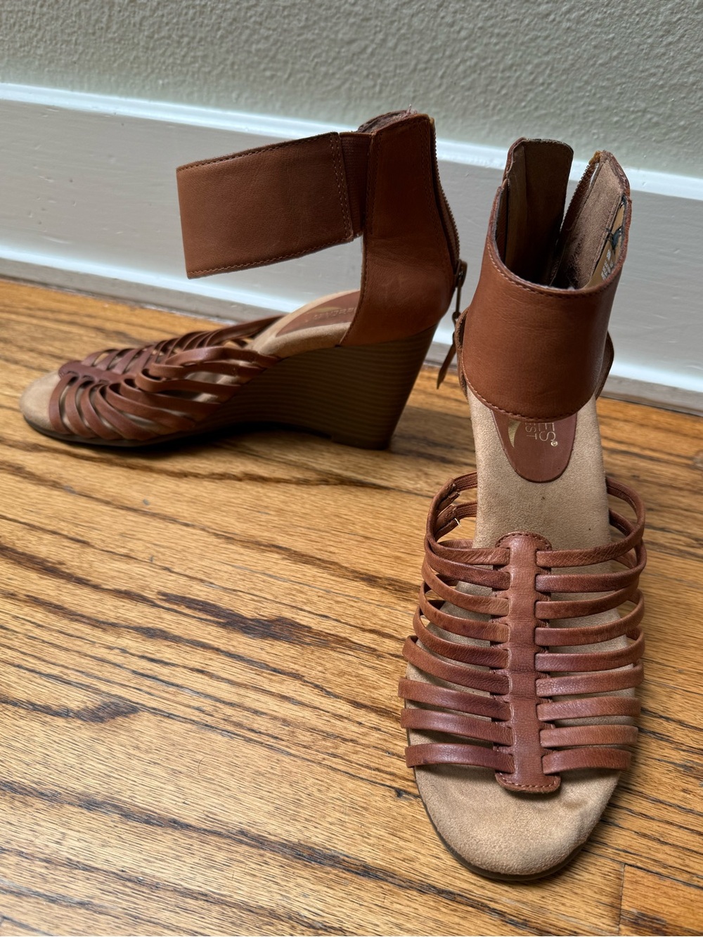 Aerosoles Brown Leather Strappy Wedge Sandals with Ankle Cuff